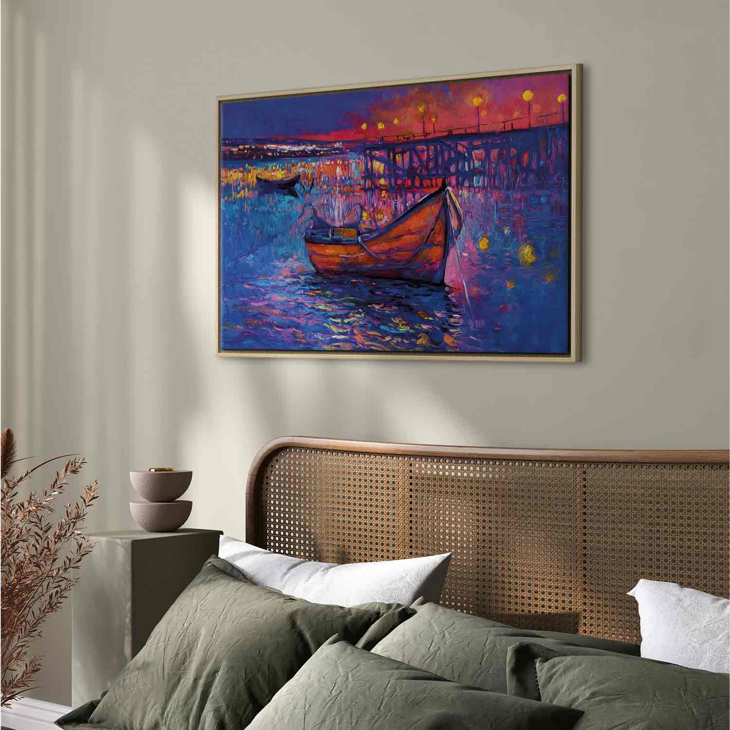 Night Lake Boat Modern Impressionism Canvas Print