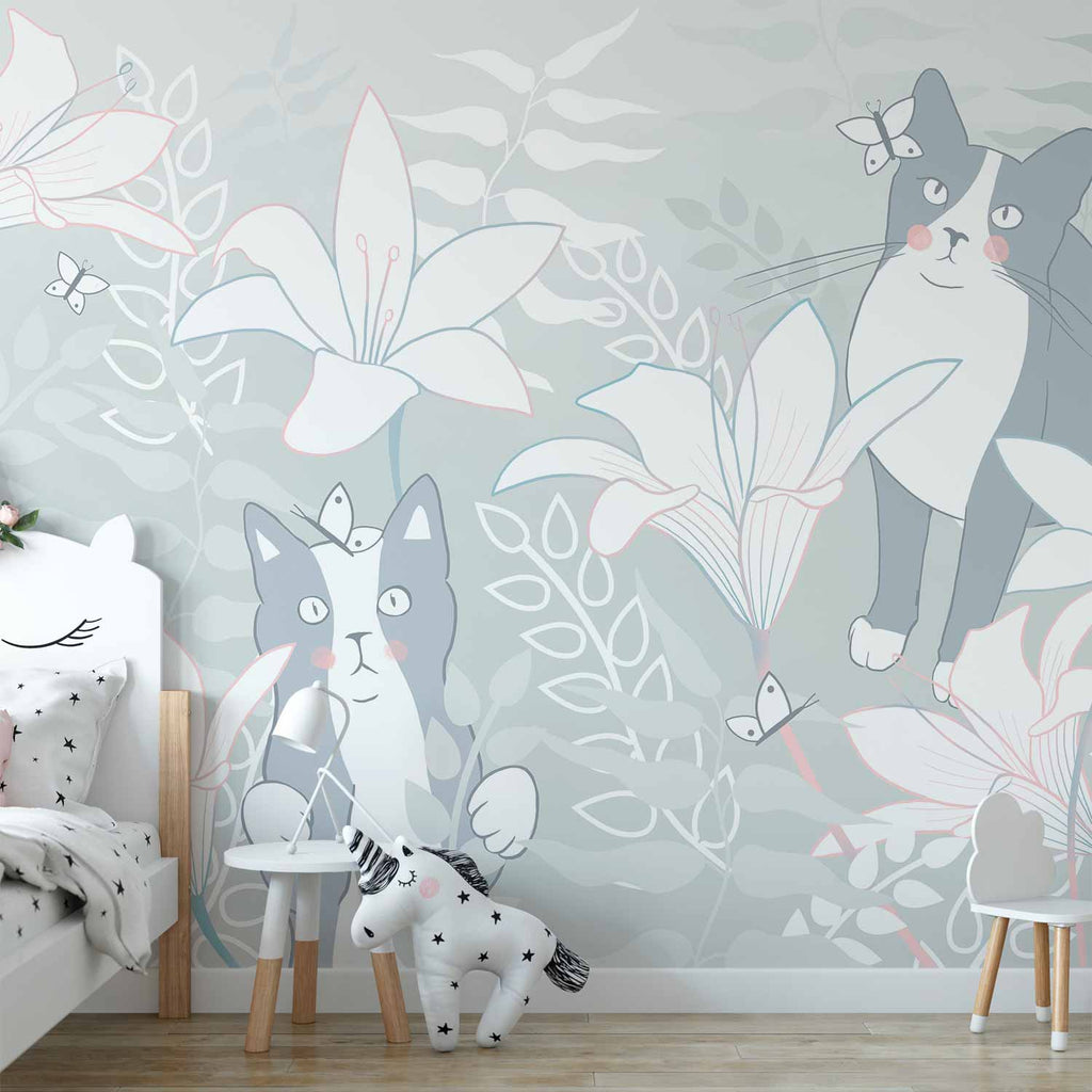 Whimsical Cat and Girl Floral Wall Mural
