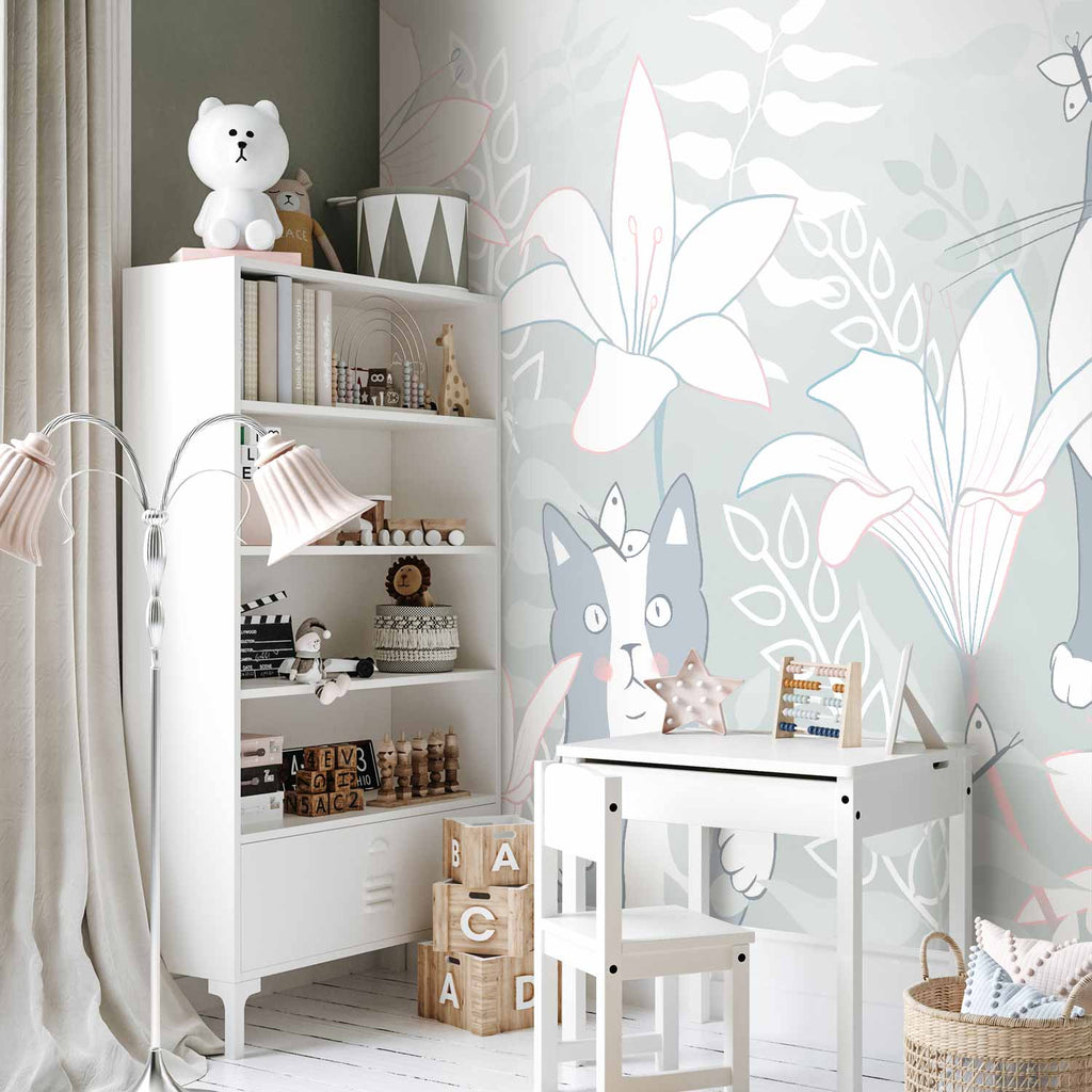 Whimsical Cat and Girl Floral Wall Mural