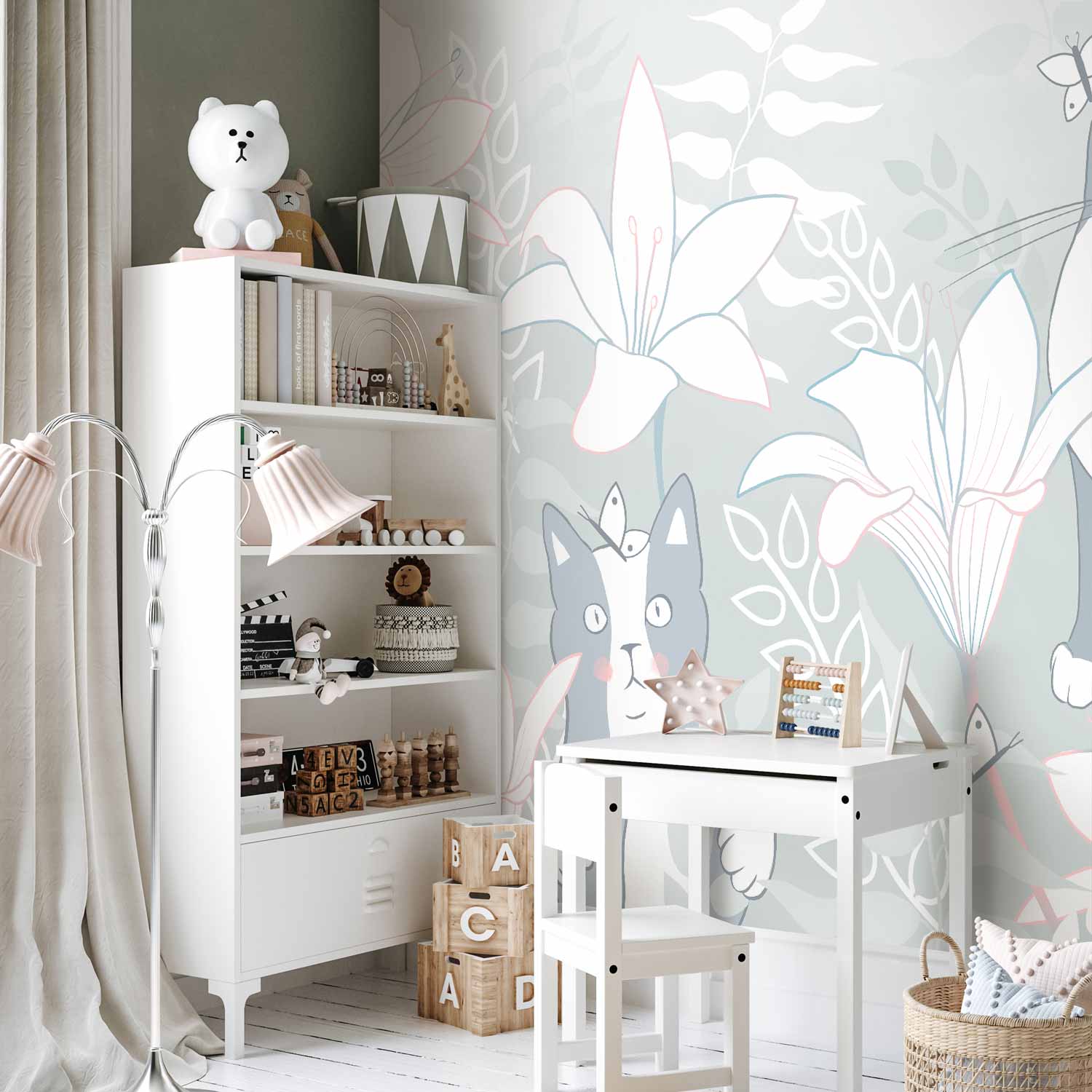 Whimsical Cat and Girl Floral Wall Mural