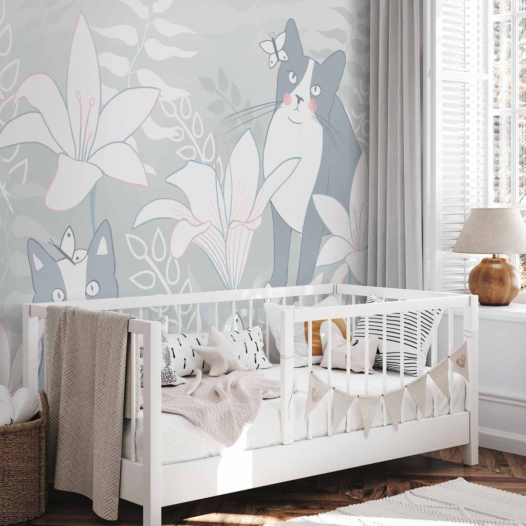 Whimsical Cat and Girl Floral Wall Mural