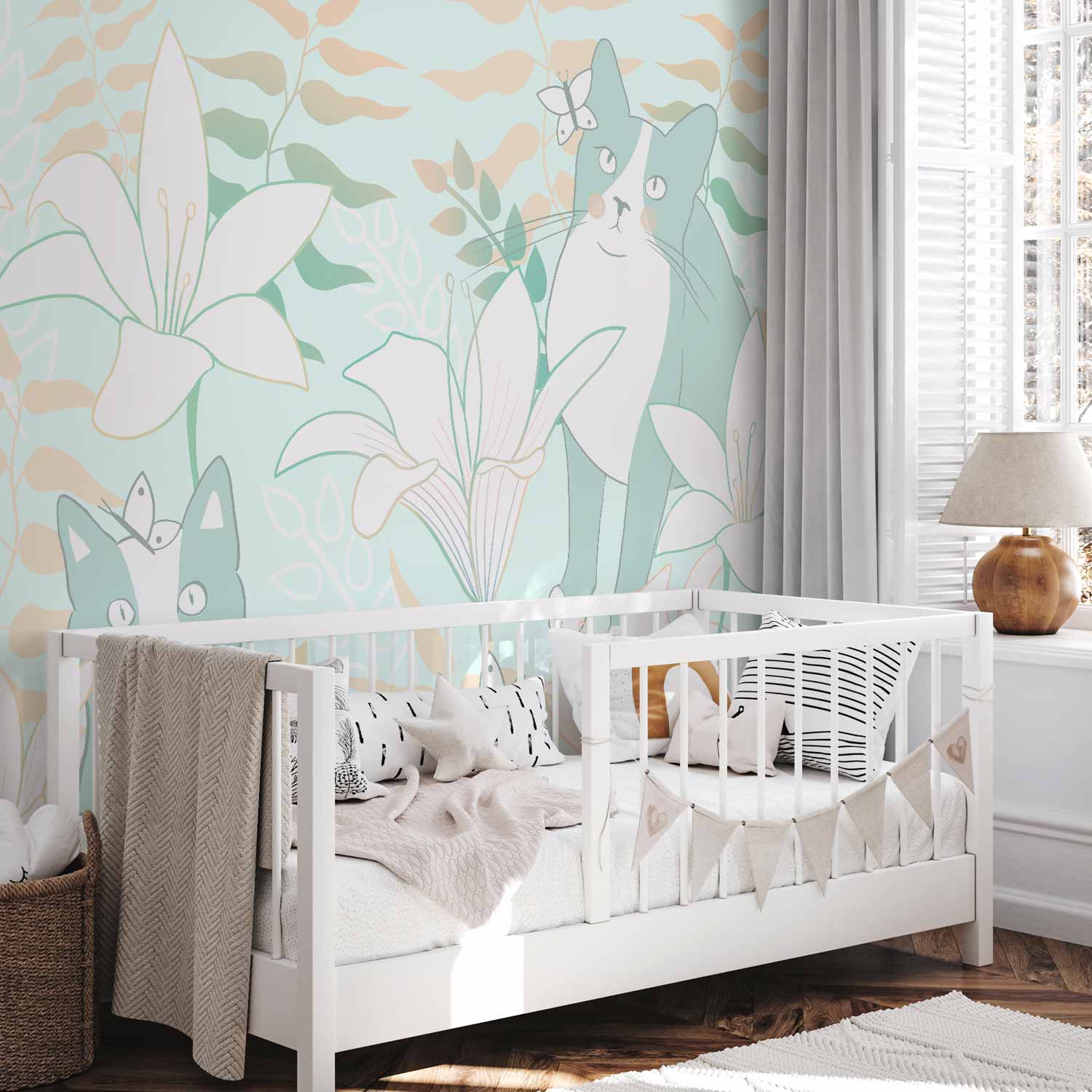 Cat and Girl Floral Wall Mural