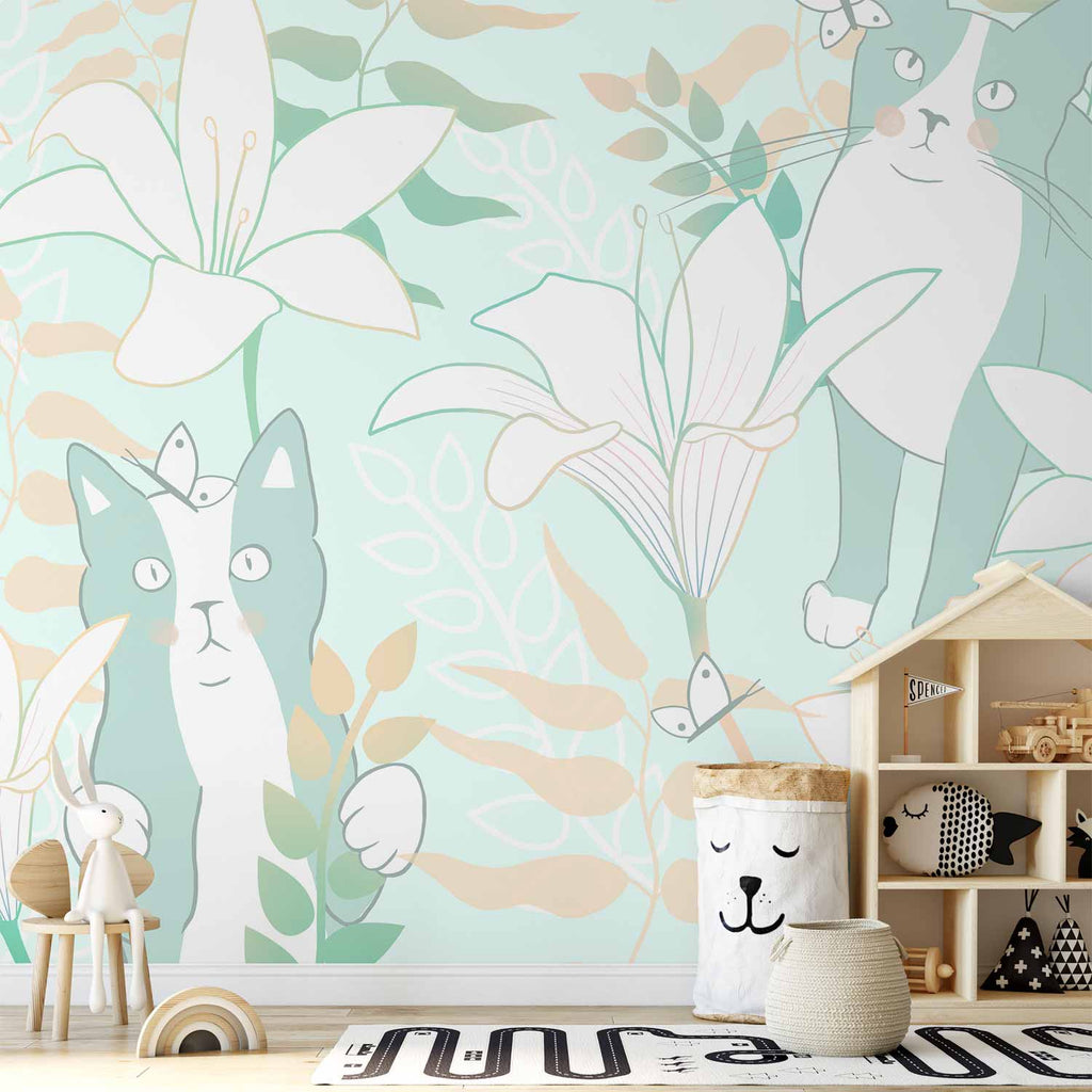 Cat and Girl Floral Wall Mural