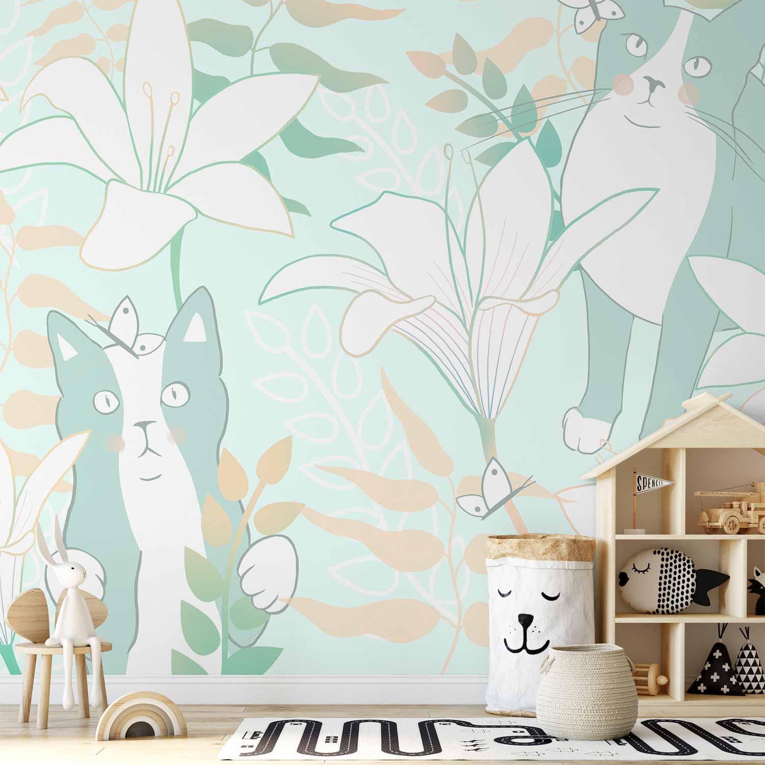 Cat and Girl Floral Wall Mural