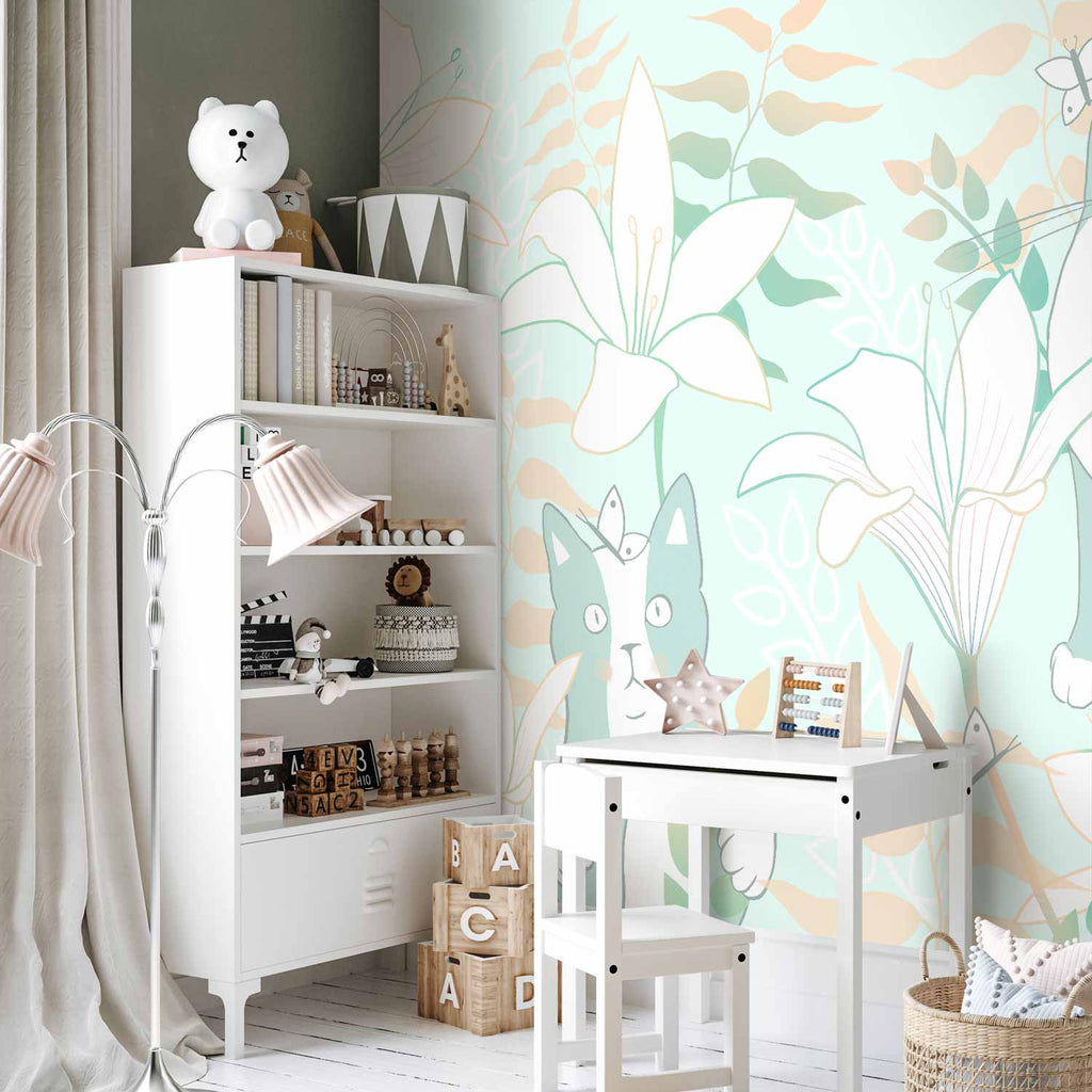 Cat and Girl Floral Wall Mural