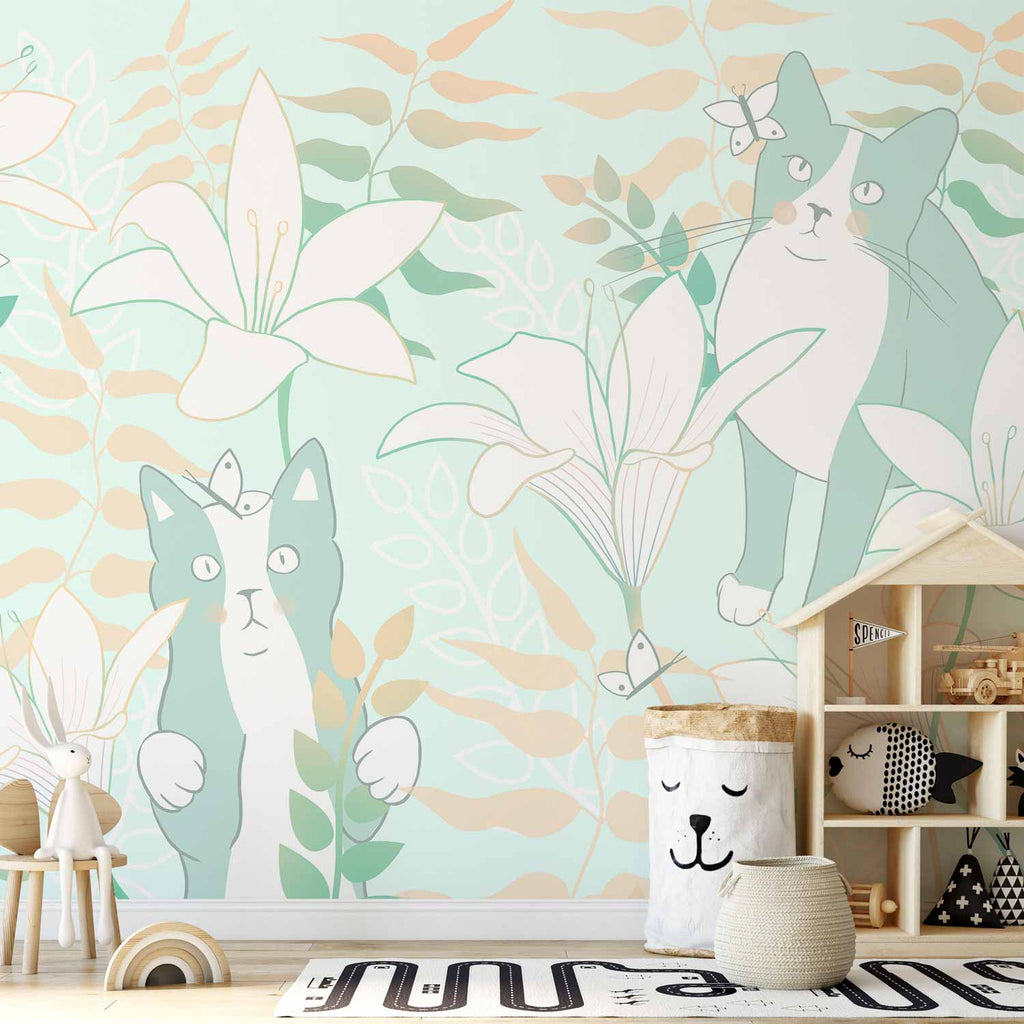 Cat and Girl Floral Wall Mural