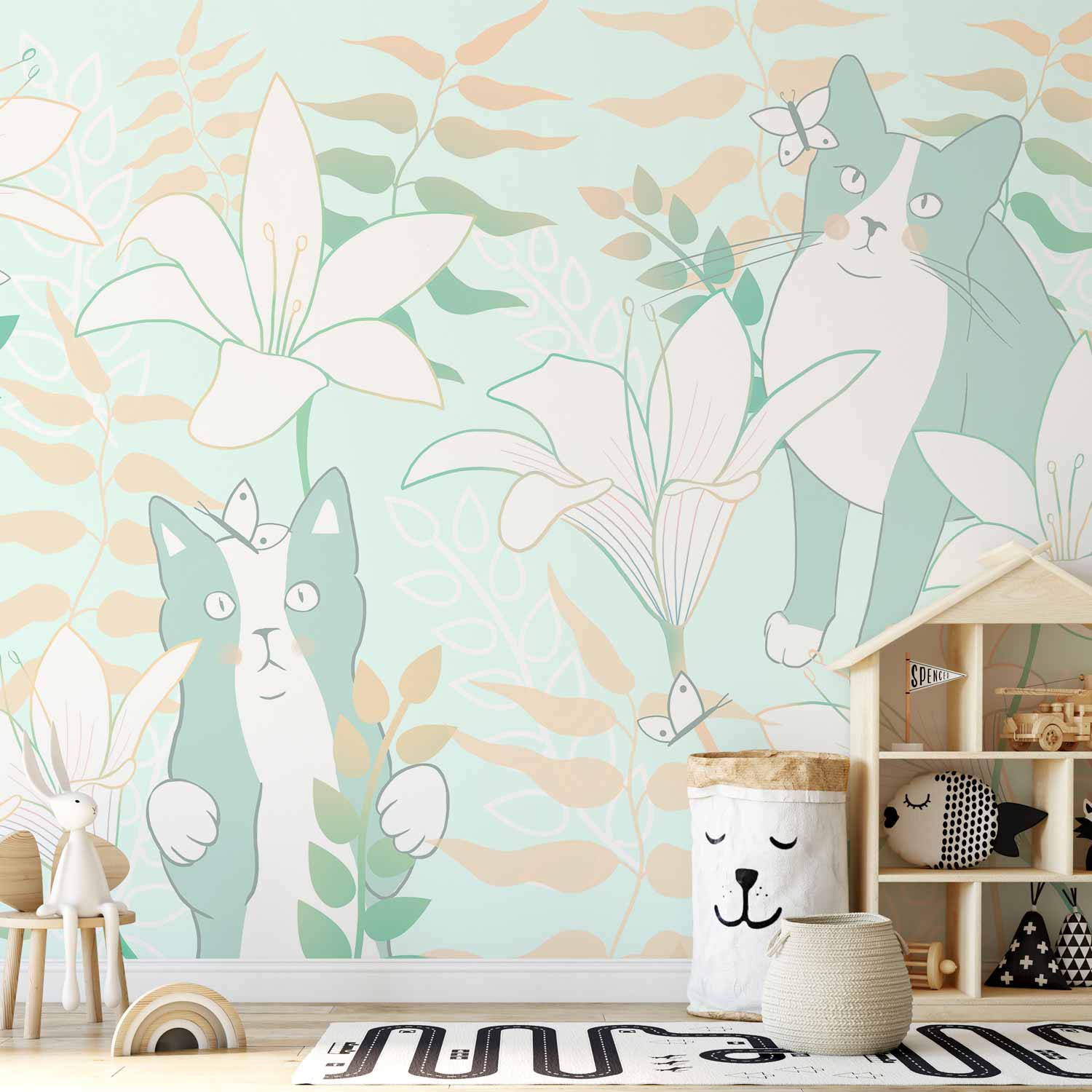 Cat and Girl Floral Wall Mural
