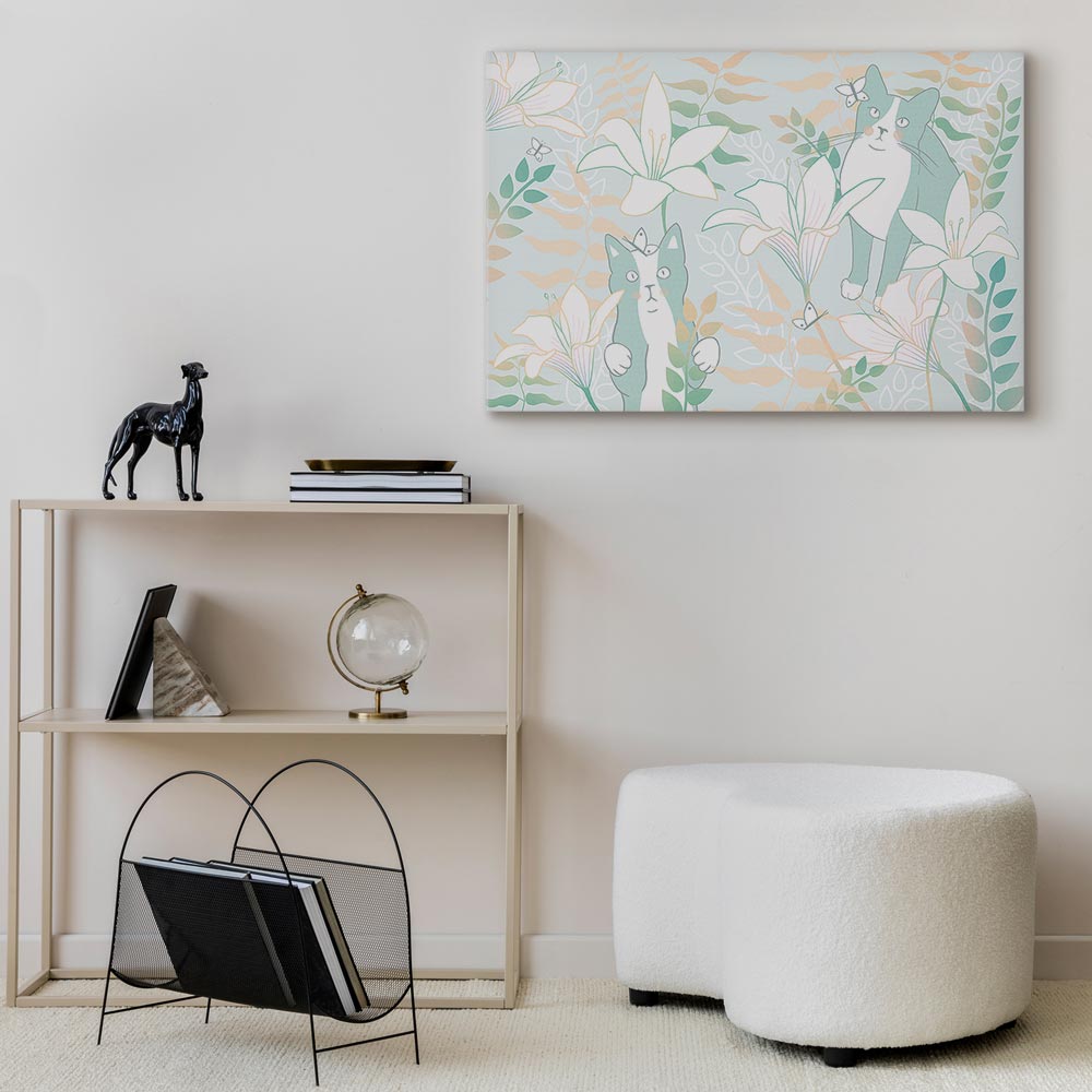 Girl with Cats and Butterflies Floral Canvas Print