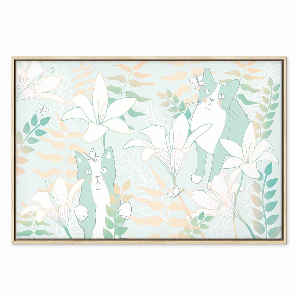 Girl with Cats and Butterflies Floral Canvas Print