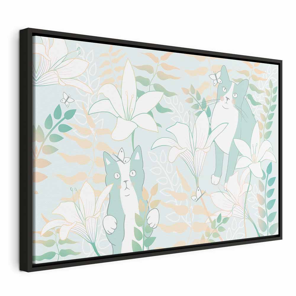 Girl with Cats and Butterflies Floral Canvas Print