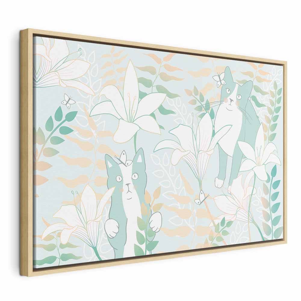 Girl with Cats and Butterflies Floral Canvas Print