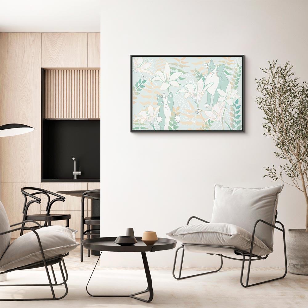 Girl with Cats and Butterflies Floral Canvas Print