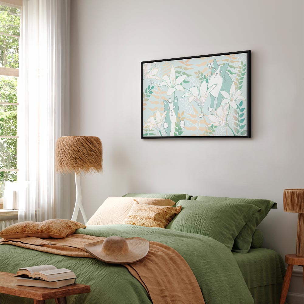 Girl with Cats and Butterflies Floral Canvas Print