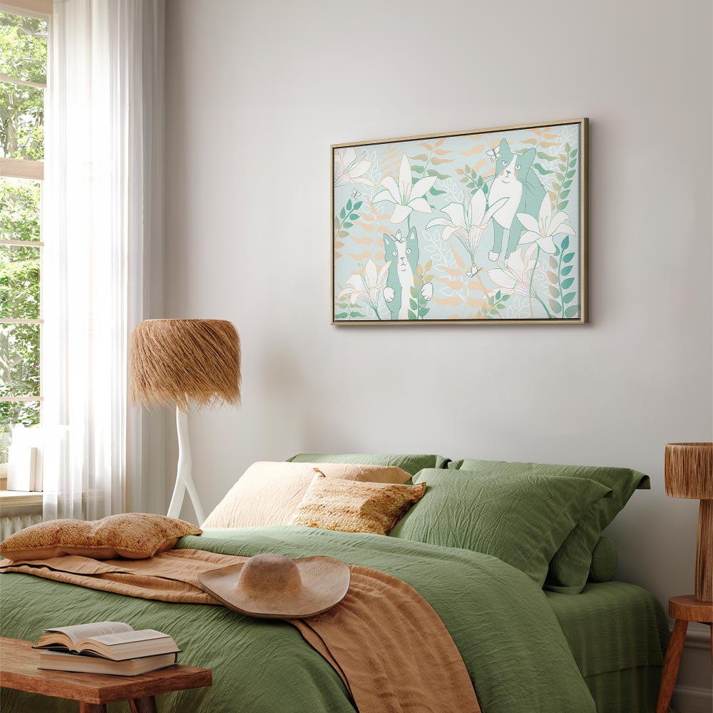 Girl with Cats and Butterflies Floral Canvas Print