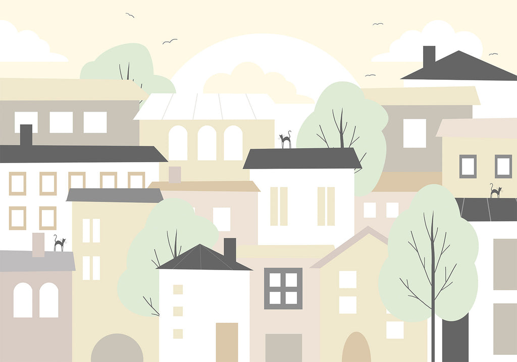 Wandbild – Gelbe Stadt – Stadtvorort mit Bäumen und Katzen für Kinder