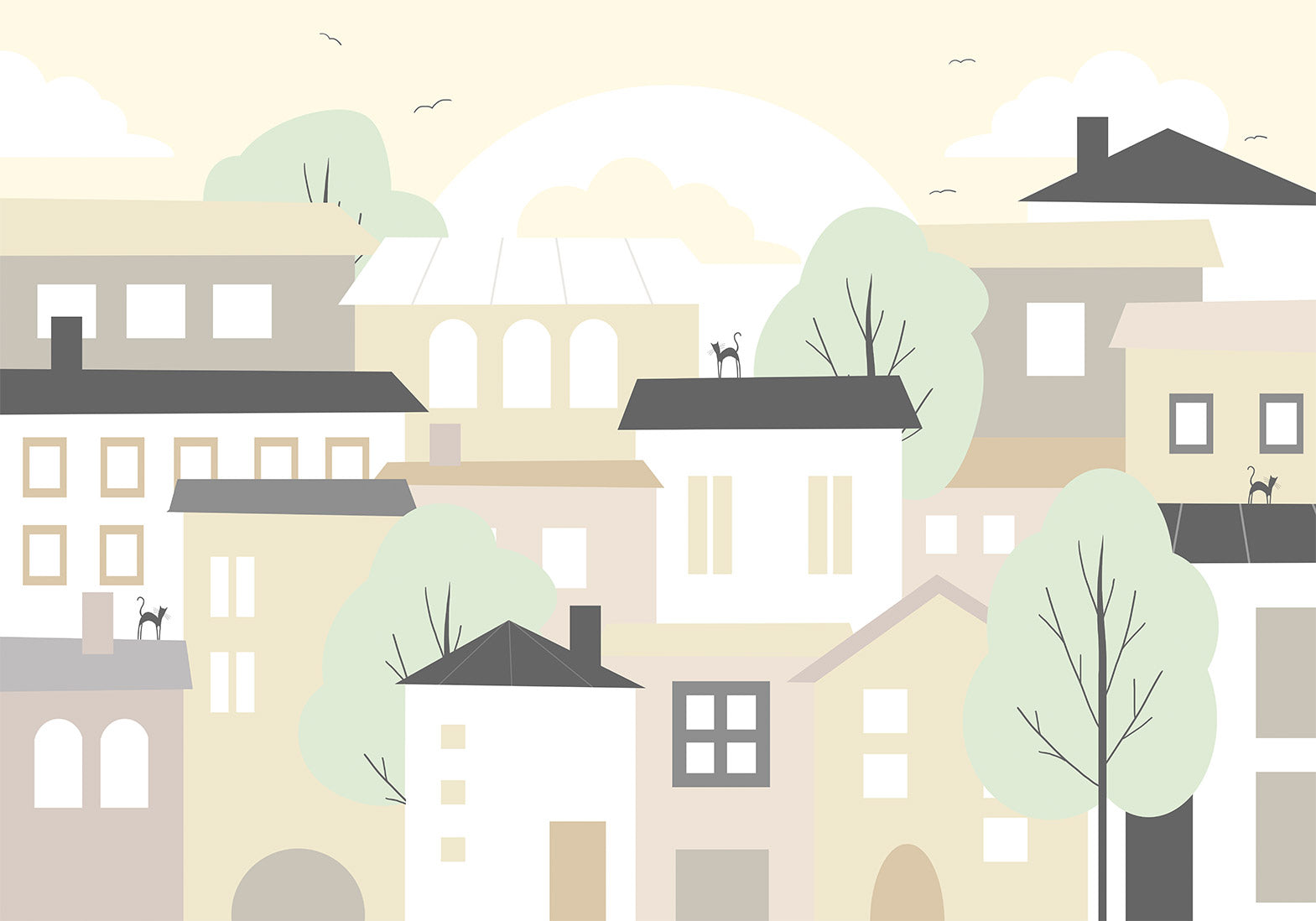 Wandbild – Gelbe Stadt – Stadtvorort mit Bäumen und Katzen für Kinder