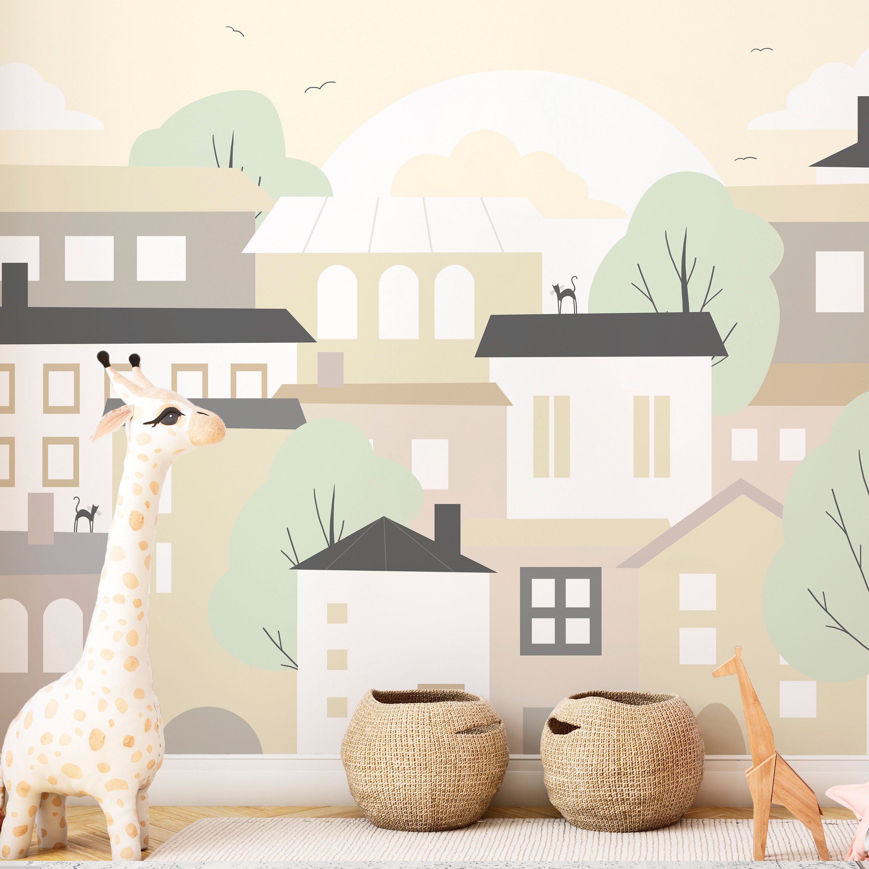 Wall Mural - Yellow Town - City Suburb with Trees and Cats for Children