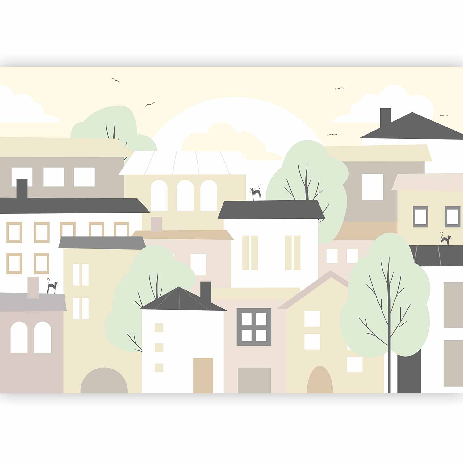 Wall Mural - Yellow Town - City Suburb with Trees and Cats for Children