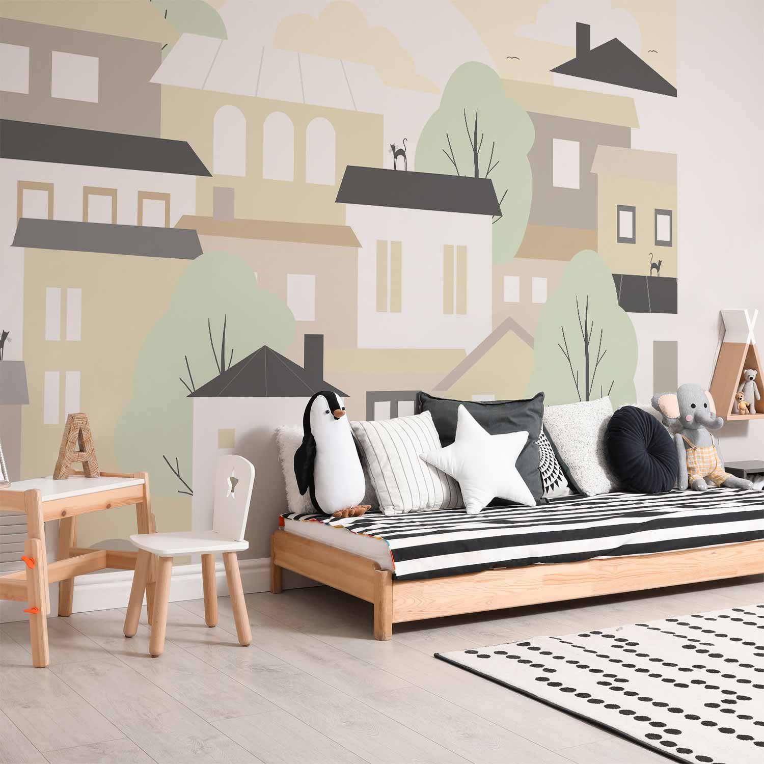 Yellow City Suburb with Trees and Cats Wall Mural
