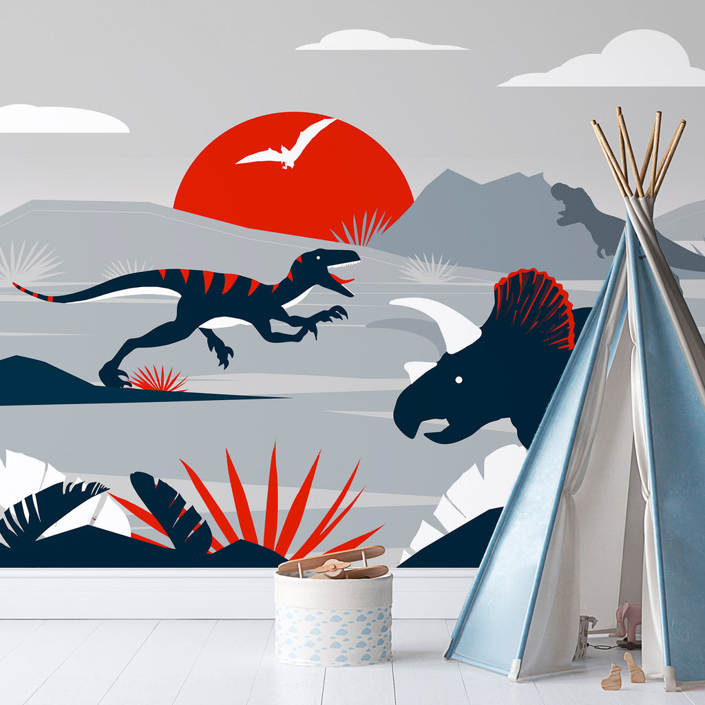 Wall Mural for Children - Last dinosaurs with red - Abstract landscape