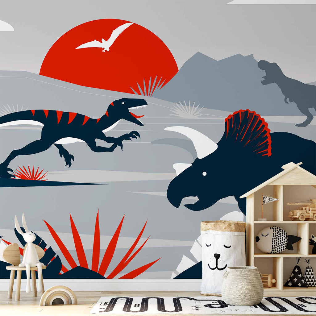 Wall Mural for Children - Last dinosaurs with red - Abstract landscape