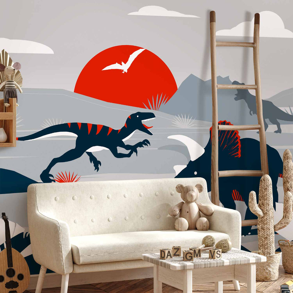 Red Abstract Dinosaur Landscape Wall Mural
