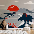 Red Abstract Dinosaur Landscape Wall Mural