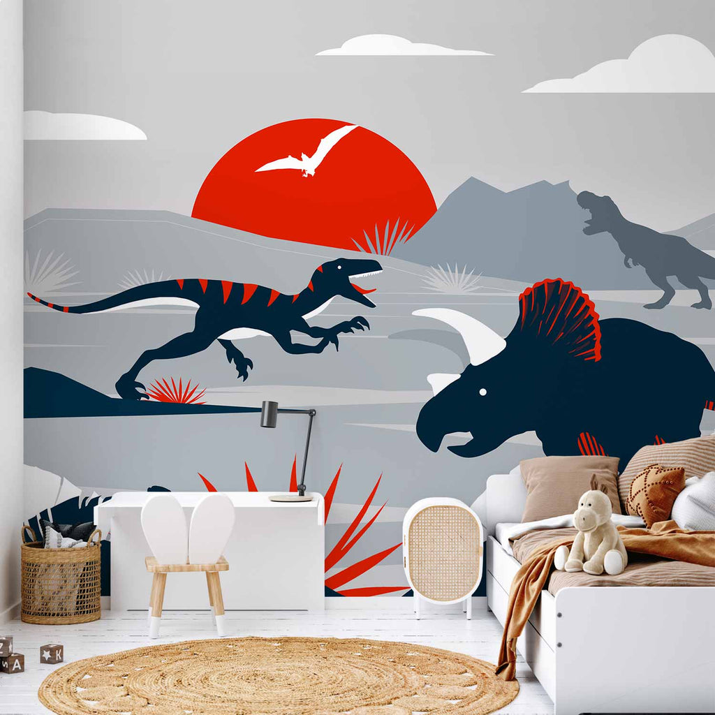 Wall Mural for Children - Last dinosaurs with red - Abstract landscape