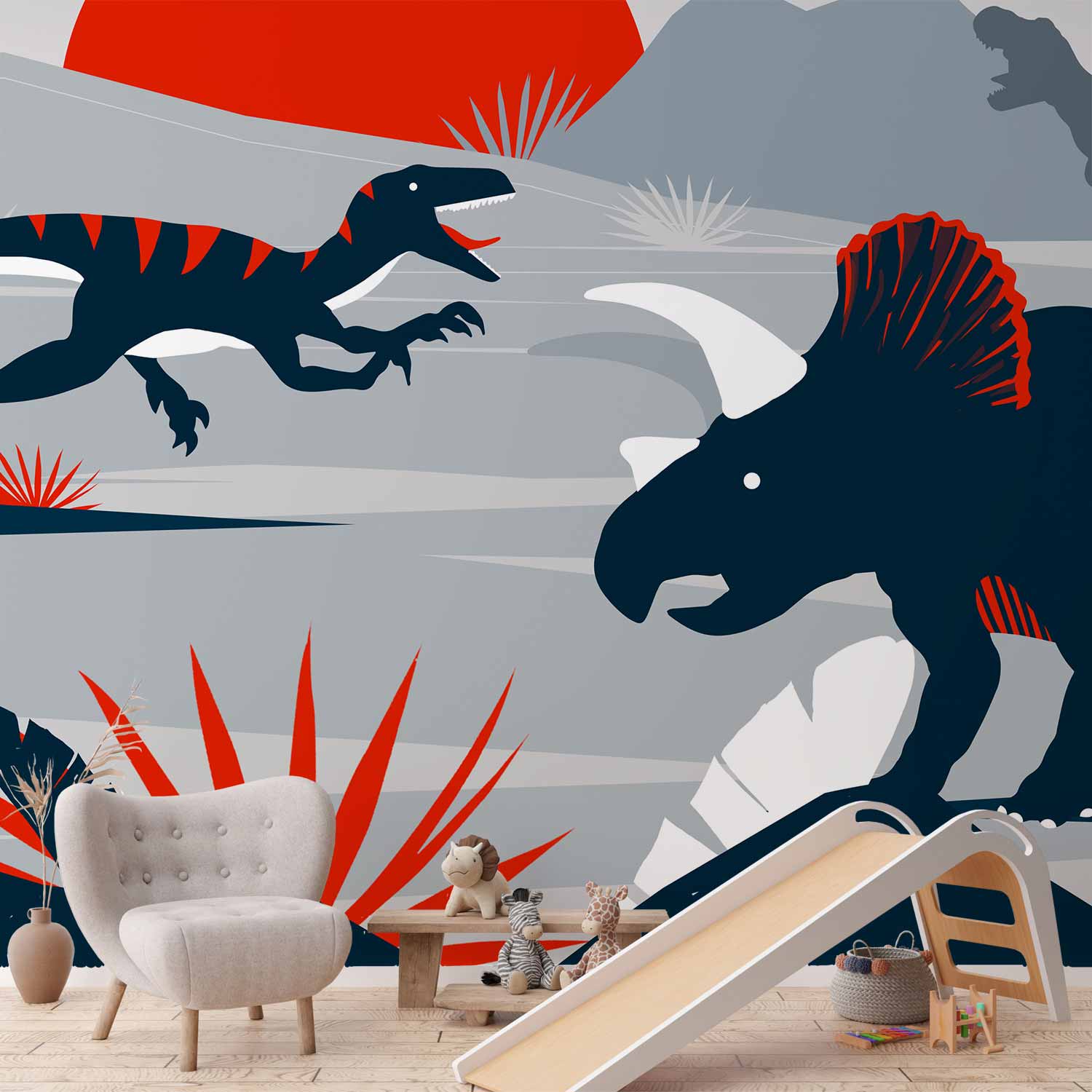 Red Abstract Dinosaur Landscape Wall Mural