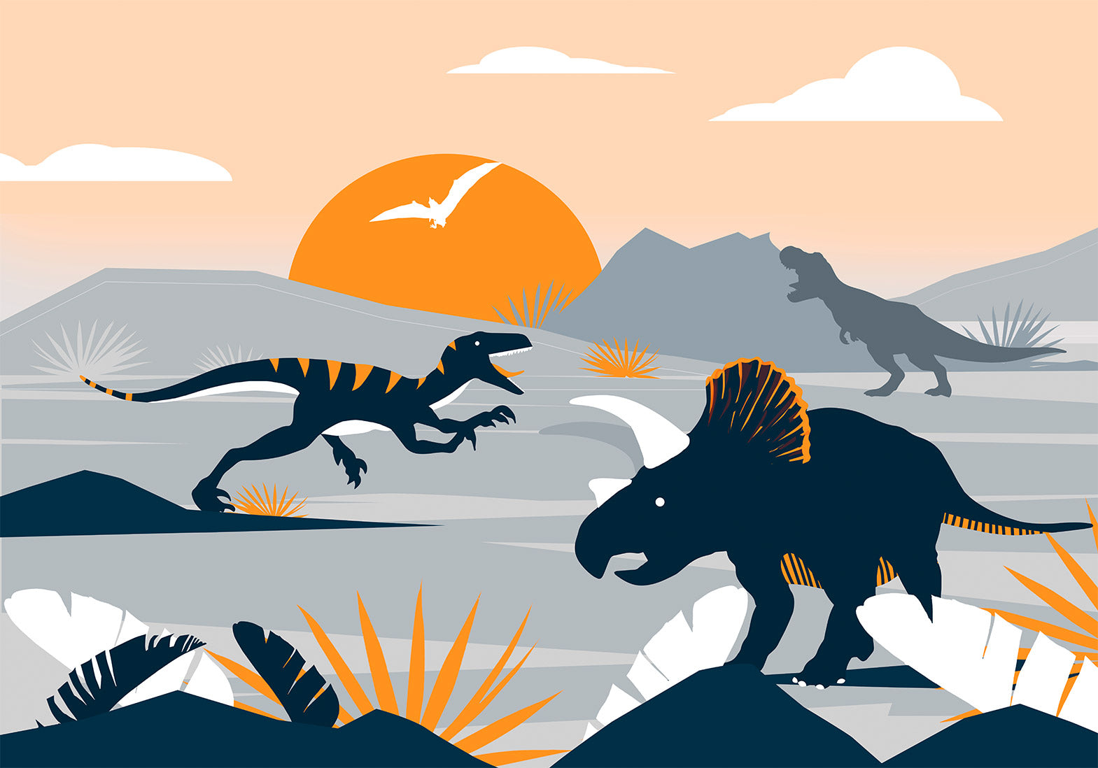 Wall Mural - Last dinosaurs with orange, abstract landscape