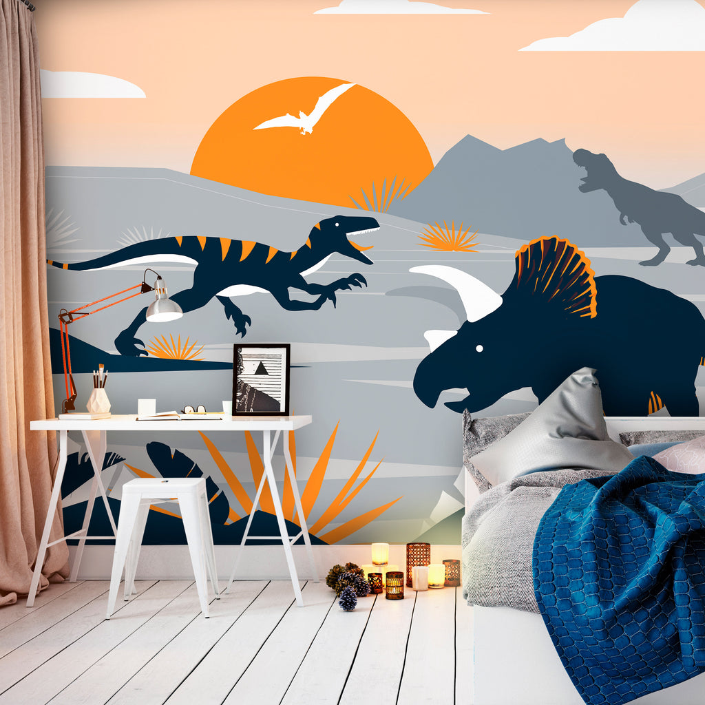 Wall Mural - Last dinosaurs with orange, abstract landscape