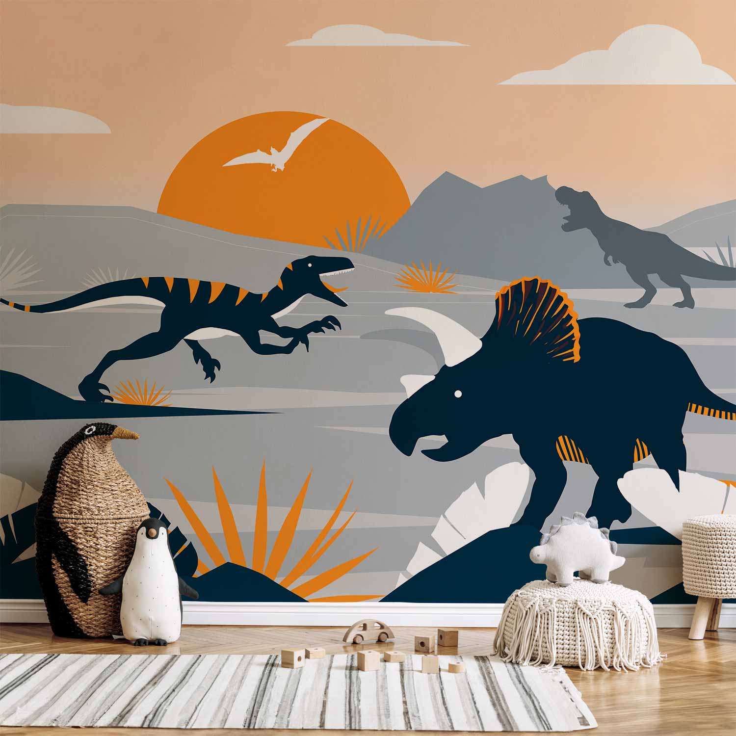 Wall Mural - Last dinosaurs with orange, abstract landscape