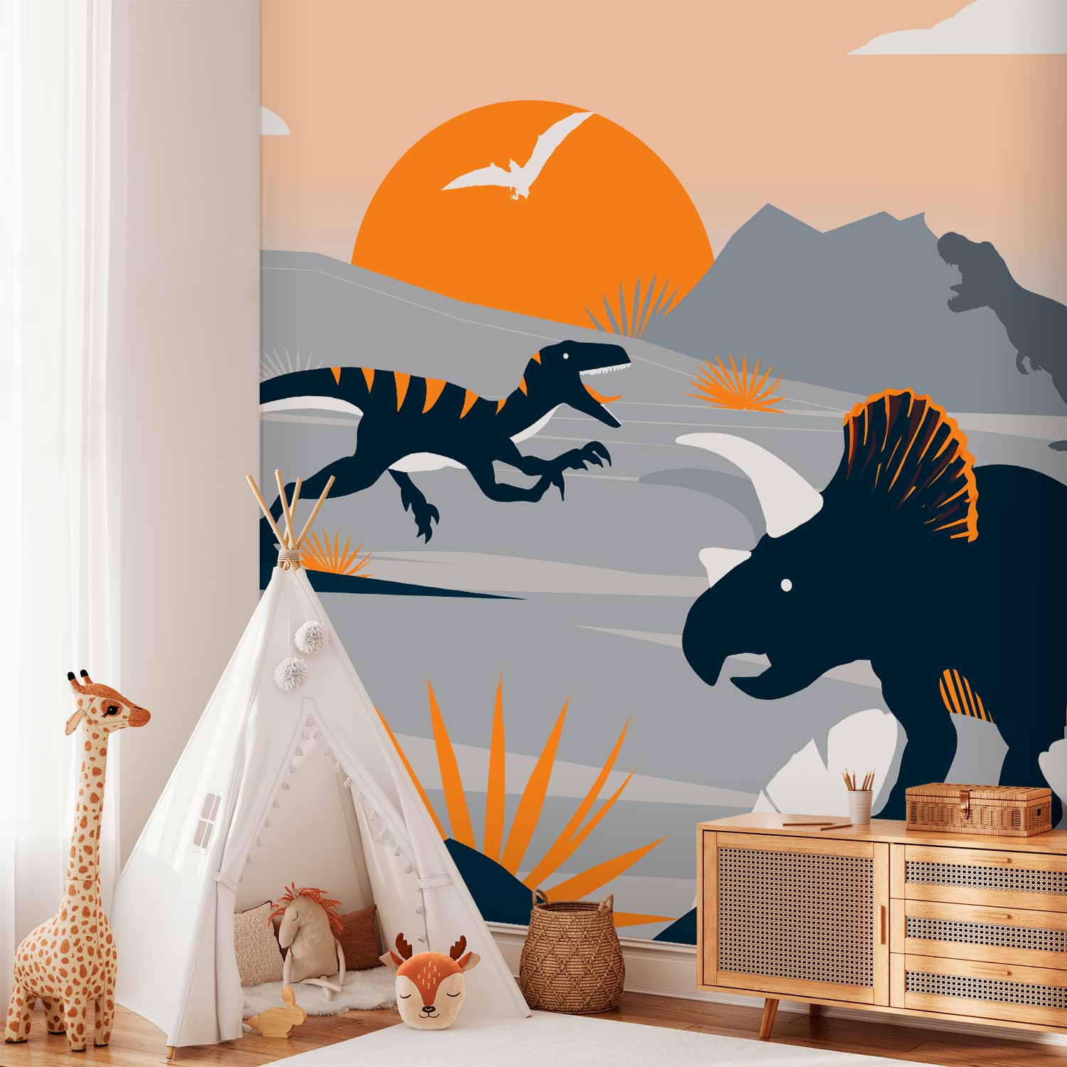 Orange Dinosaur Abstract Landscape Wall Mural