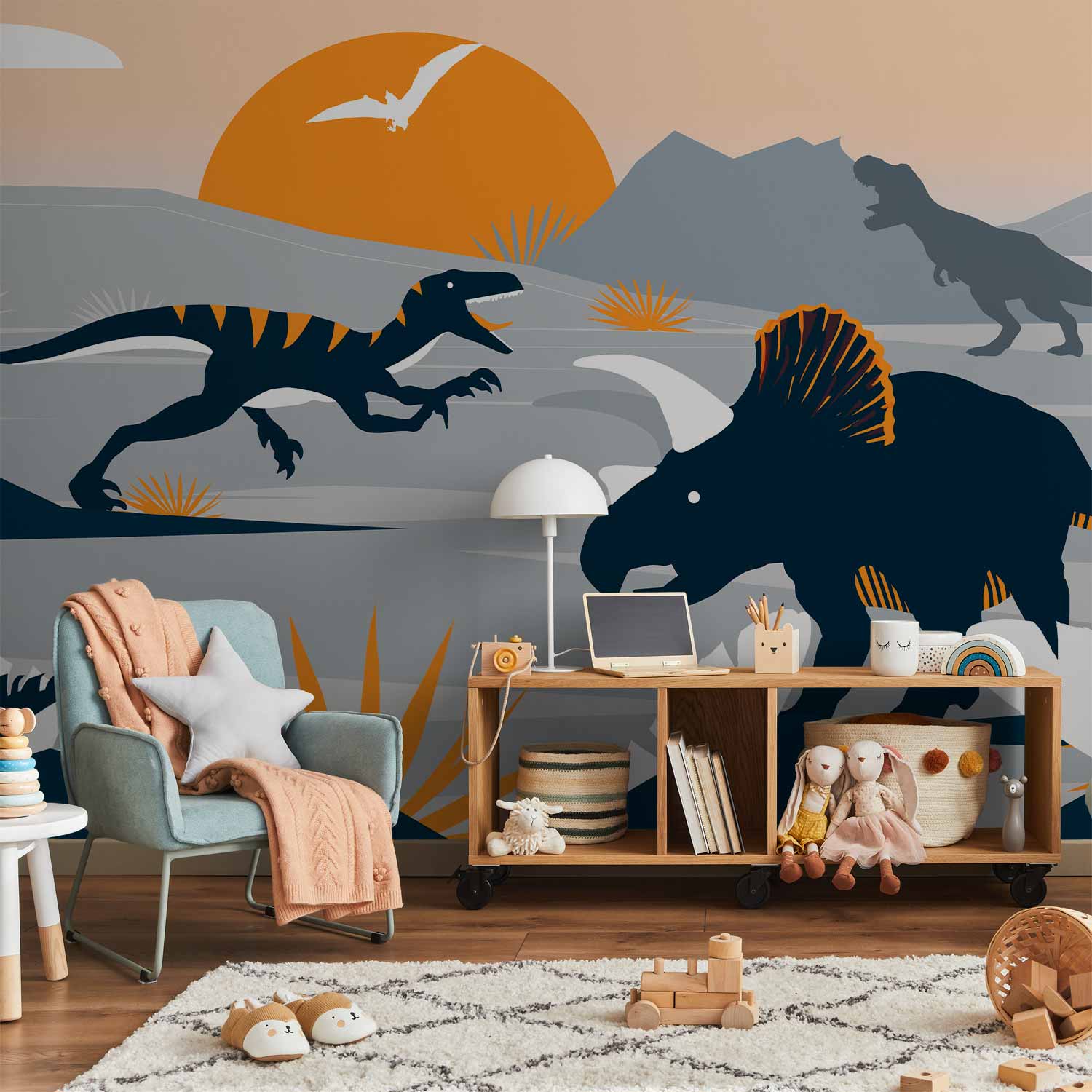 Wall Mural - Last dinosaurs with orange, abstract landscape