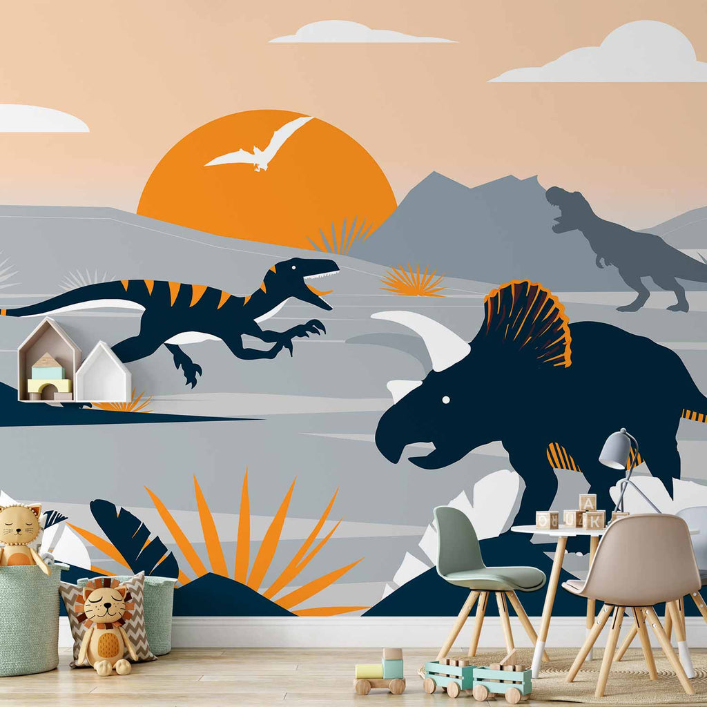 Orange Dinosaur Abstract Landscape Wall Mural