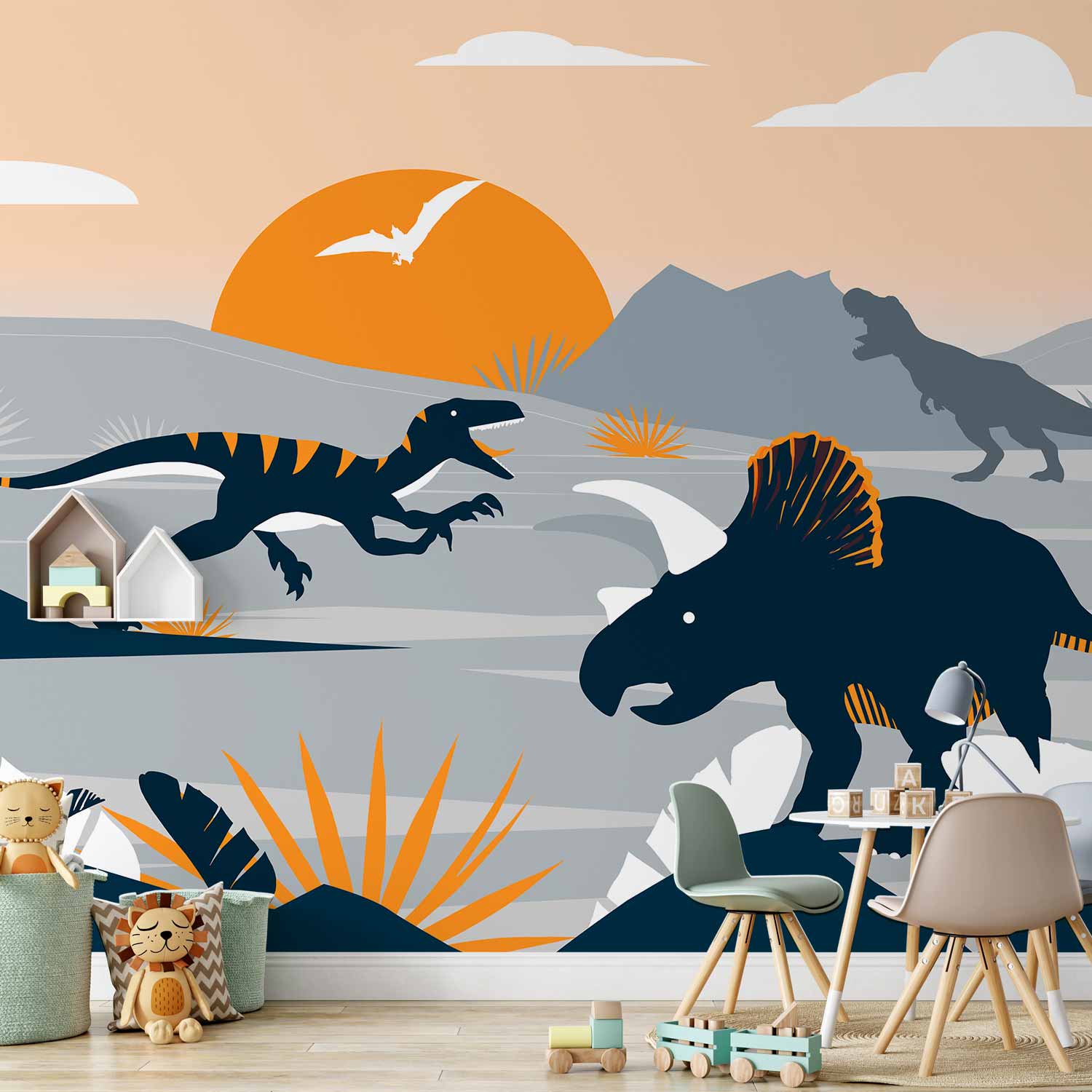 Orange Dinosaur Abstract Landscape Wall Mural