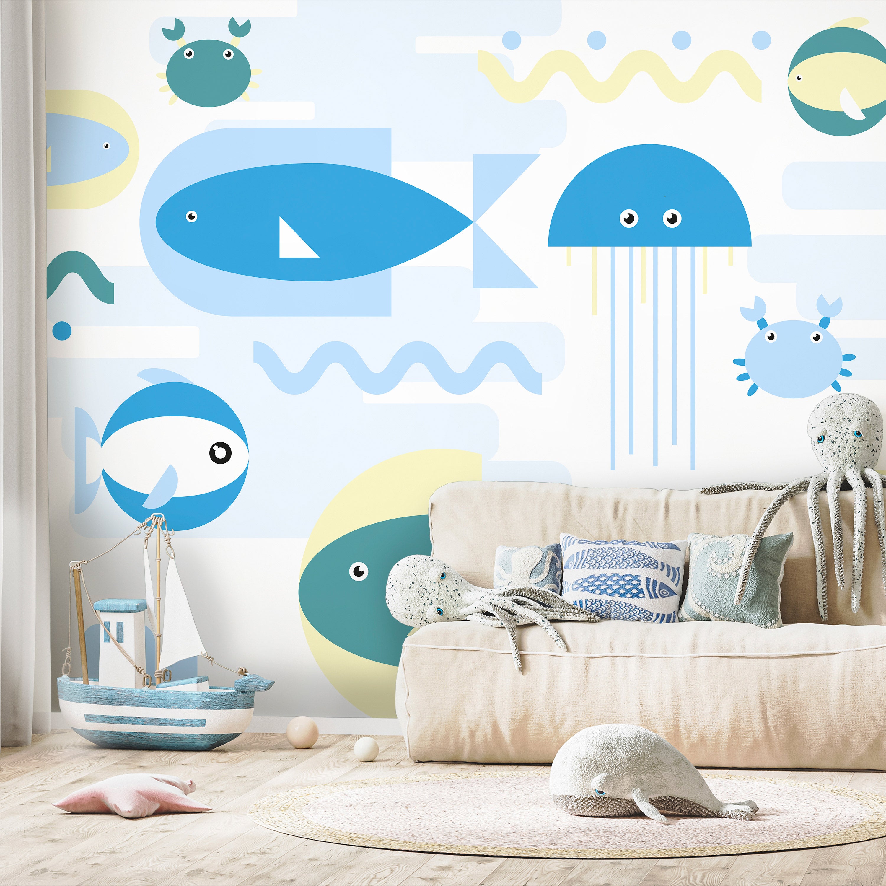 Wall Mural: Animals in the Sea - Geometric Blue Fish for Kids