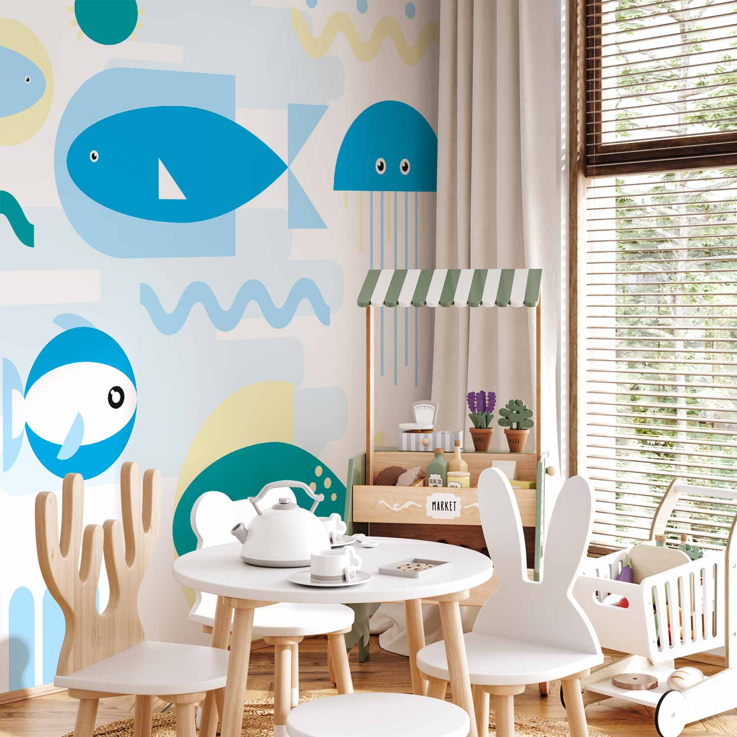 Geometric Blue Fish Sea Wall Mural