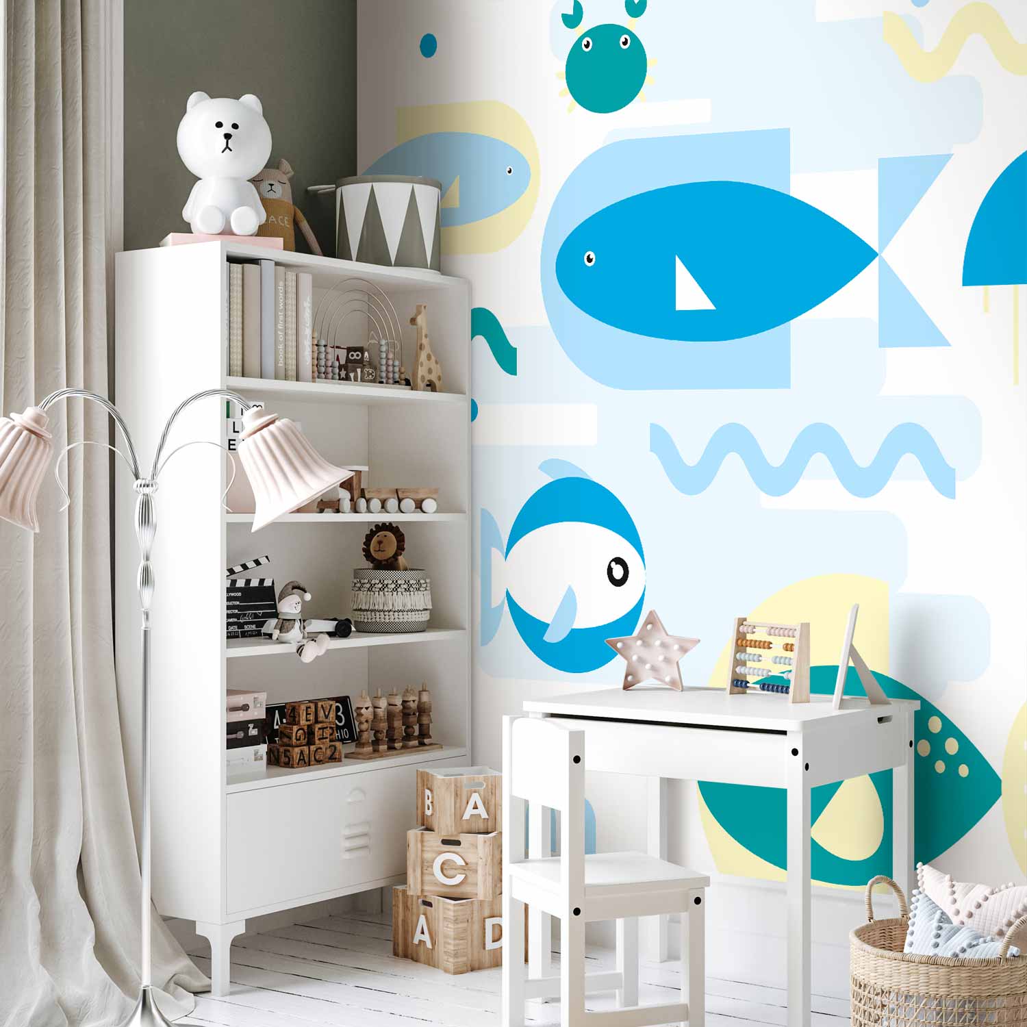 Geometric Blue Fish Sea Wall Mural