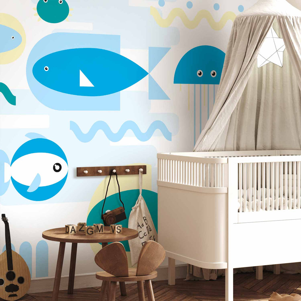 Geometric Blue Fish Sea Wall Mural