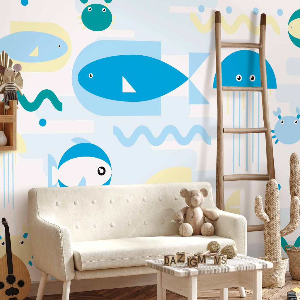 Geometric Blue Fish Sea Wall Mural