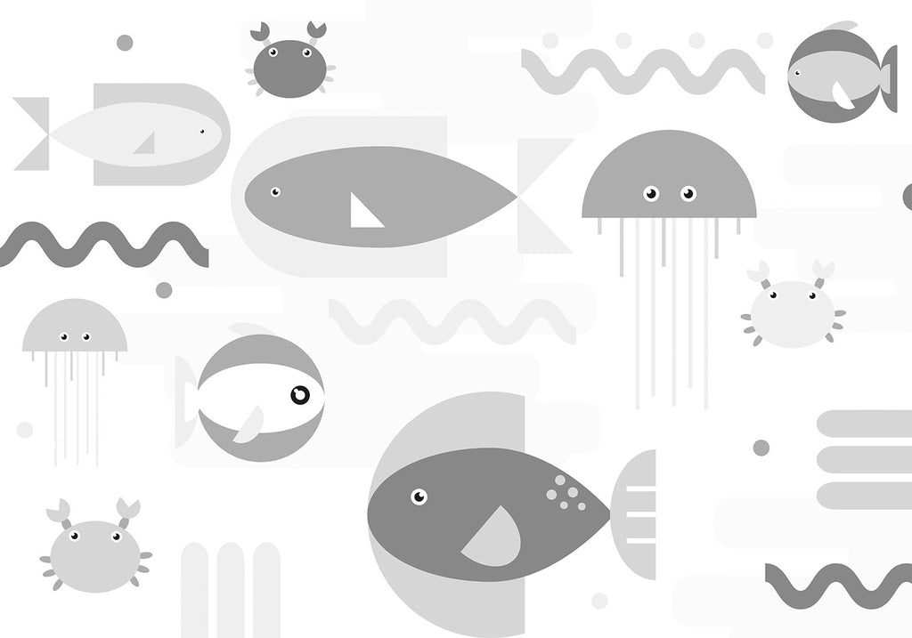 Wall Mural - Minimalist grey ocean - geometric fish in water for children