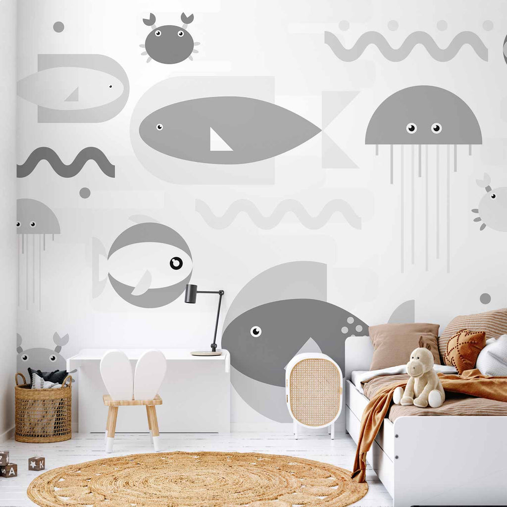 Wall Mural - Minimalist grey ocean - geometric fish in water for children