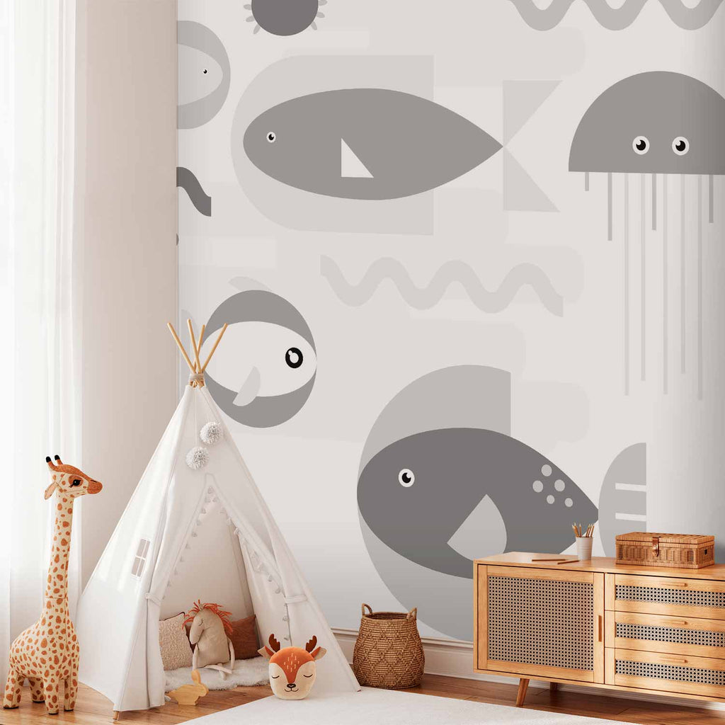Geometric Fish Grey Ocean Wall Mural