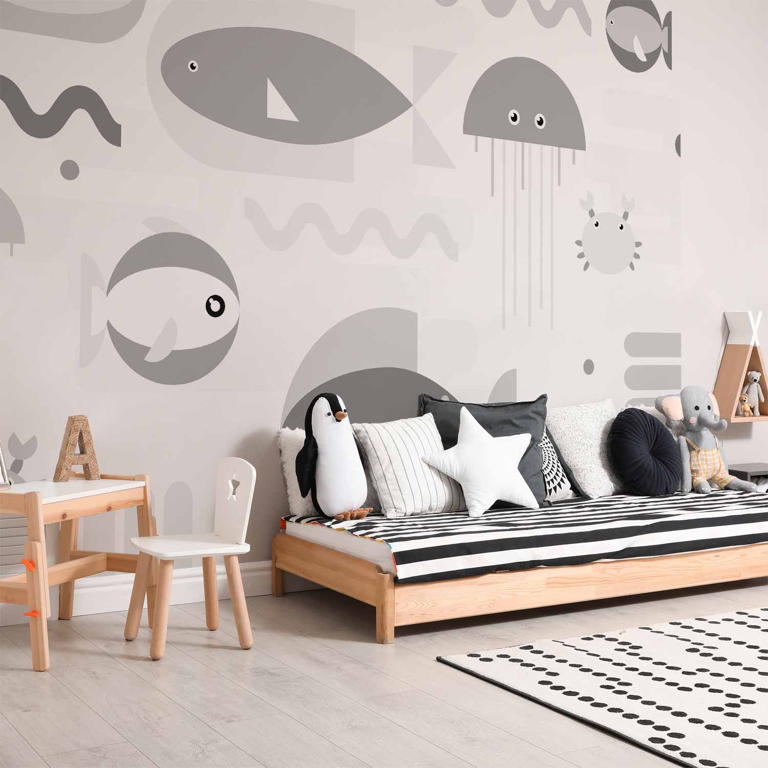 Geometric Fish Grey Ocean Wall Mural