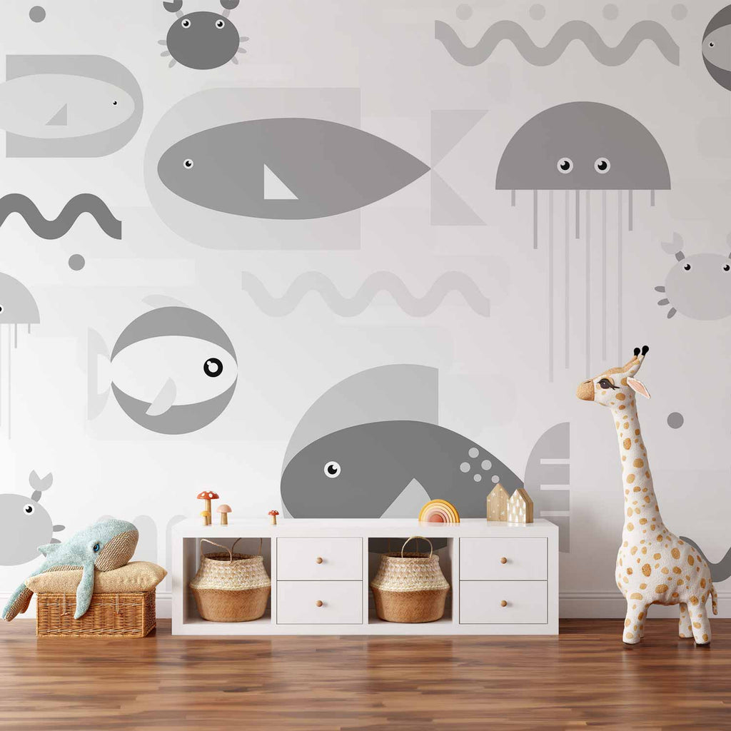 Wall Mural - Minimalist grey ocean - geometric fish in water for children