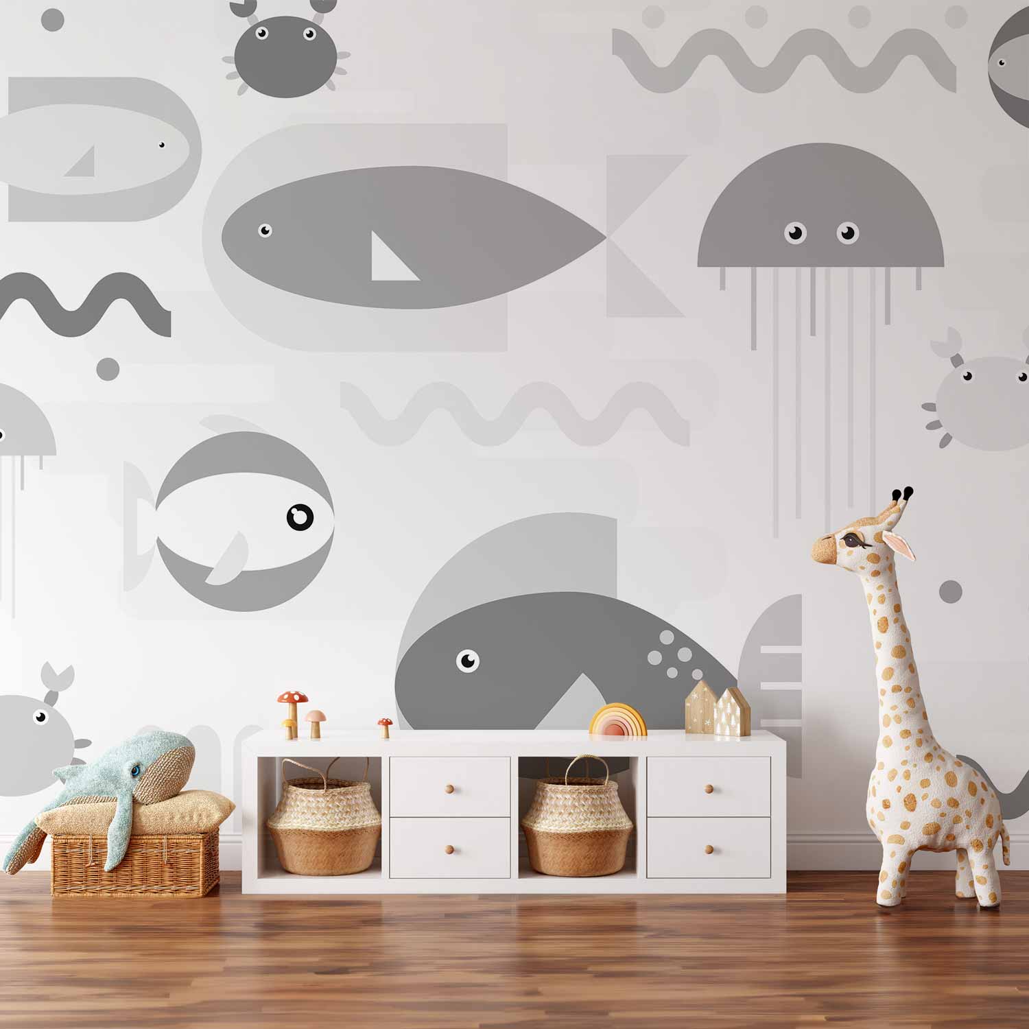 Wall Mural - Minimalist grey ocean - geometric fish in water for children
