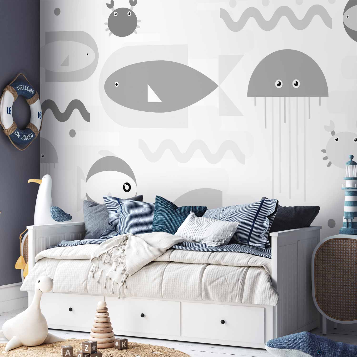 Geometric Fish Grey Ocean Wall Mural