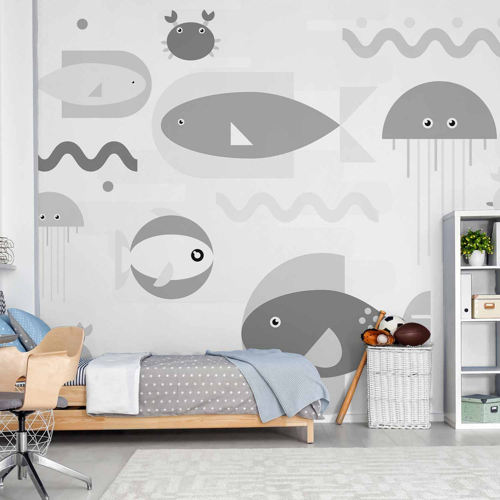 Geometric Fish Grey Ocean Wall Mural