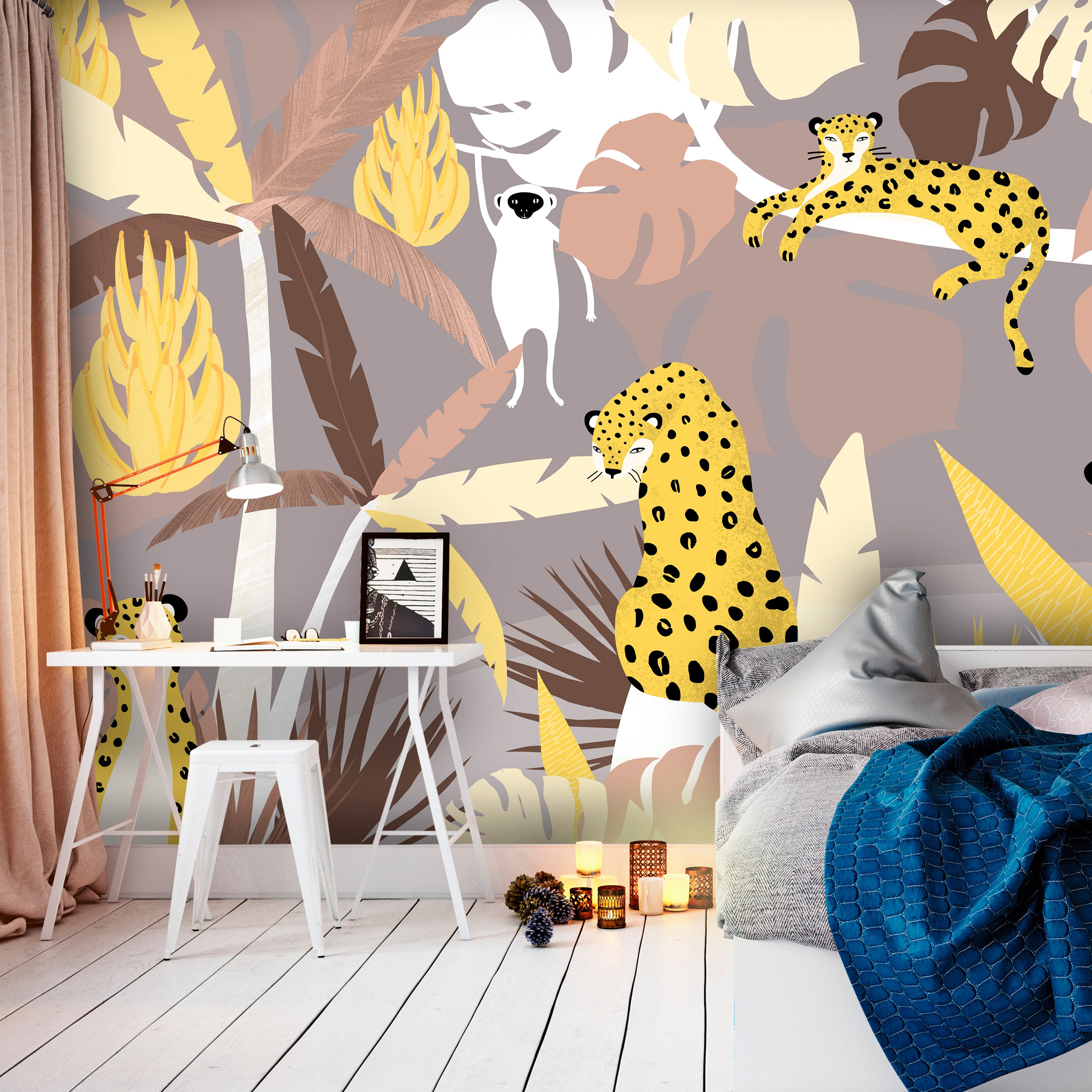 Wall Mural - Cheetahs in the jungle - landscape with exotic animals with palm trees for children